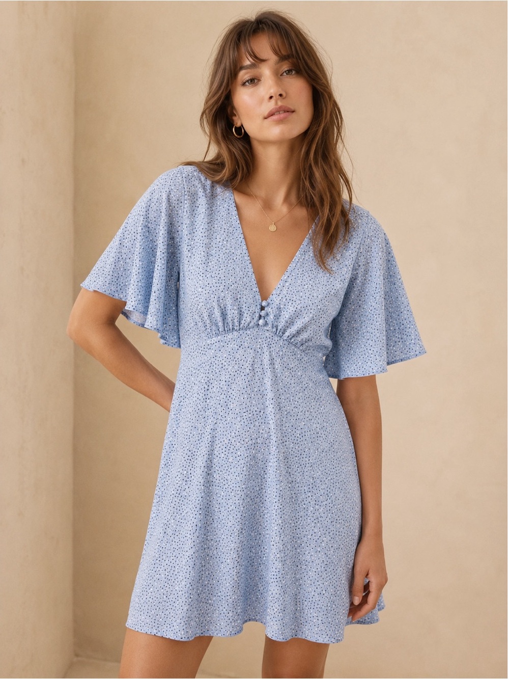 Mango Woman Blue Dainty Floral V-Neck Tie Waist Flutter Sleeve Mini Dress MEDIUM
